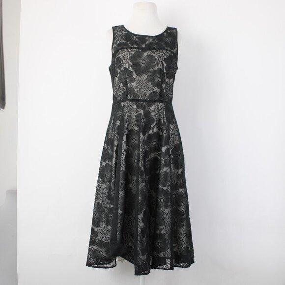 Ann Taylor Dress Sz 4 Black Grey Floral Lined Zip Nylon Polyester Dress - Picture 2 of 16